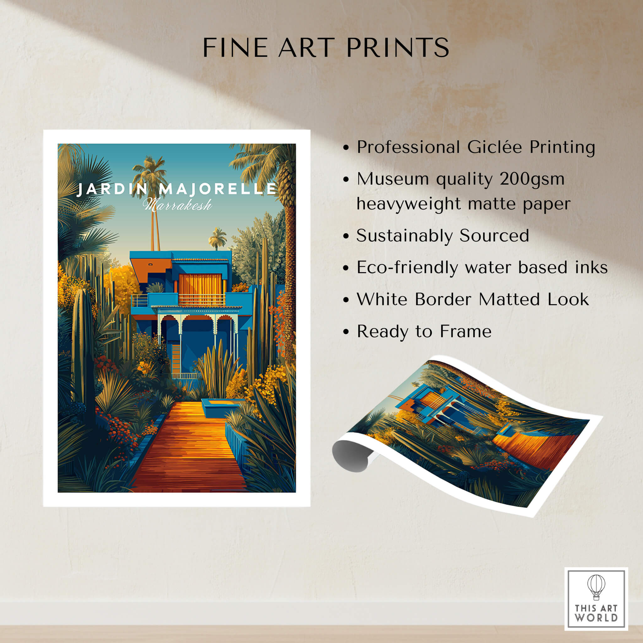 Jardim Majorelle Marrakesh Wall Art Print | Moroccan Blue Garden Travel Posters featuring vibrant garden landscape.