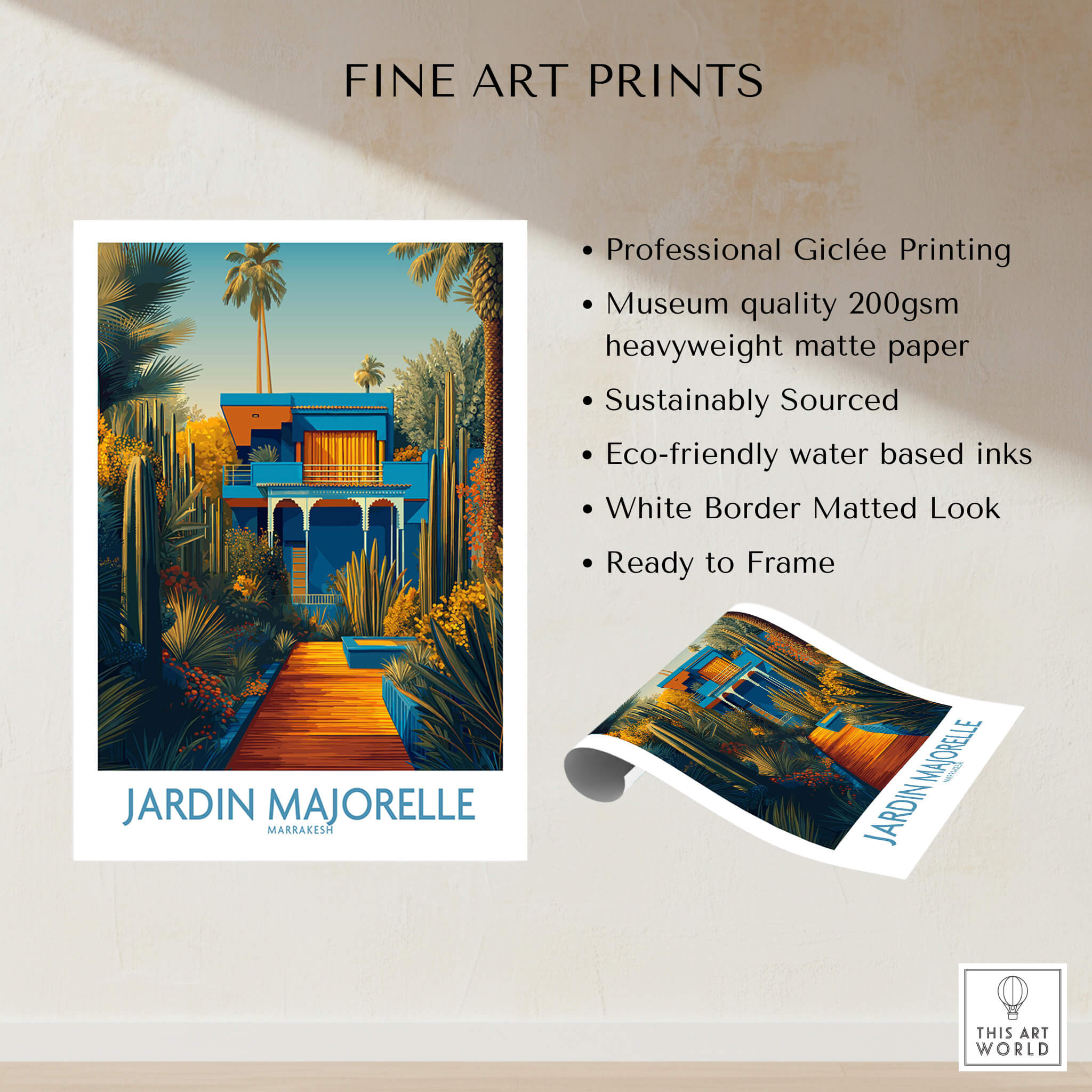 Jardim Majorelle Marrakesh Posters | Vibrant Architecture & Palms Canvas Print with Giclée printing details.