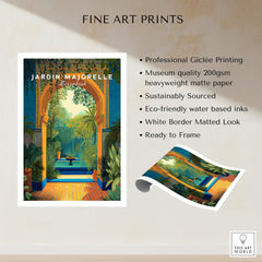 Jardim Majorelle Marrakesh Travel Posters | Moroccan Archway Garden Wall Art Print featuring vibrant green archway design.