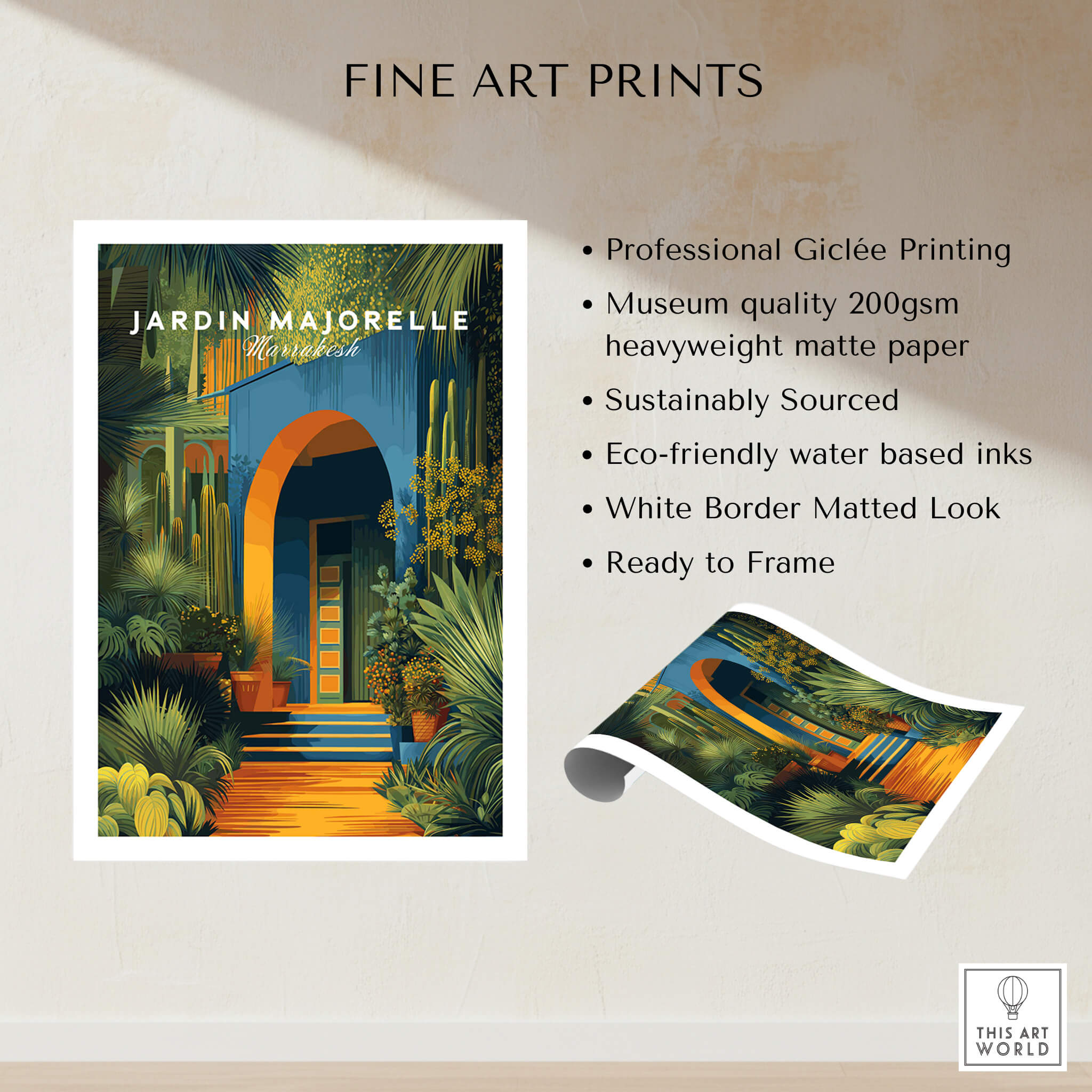 Jardim Majorelle Marrakesh Wall Art Print | Botanical Moroccan Villa Travel Poster showcased with printing details.