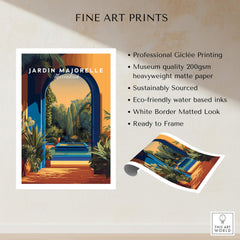 Jardim Majorelle Marrakesh Travel Posters | Garden Fountain Scene Wall Art Print showcasing professional Giclée printing details.