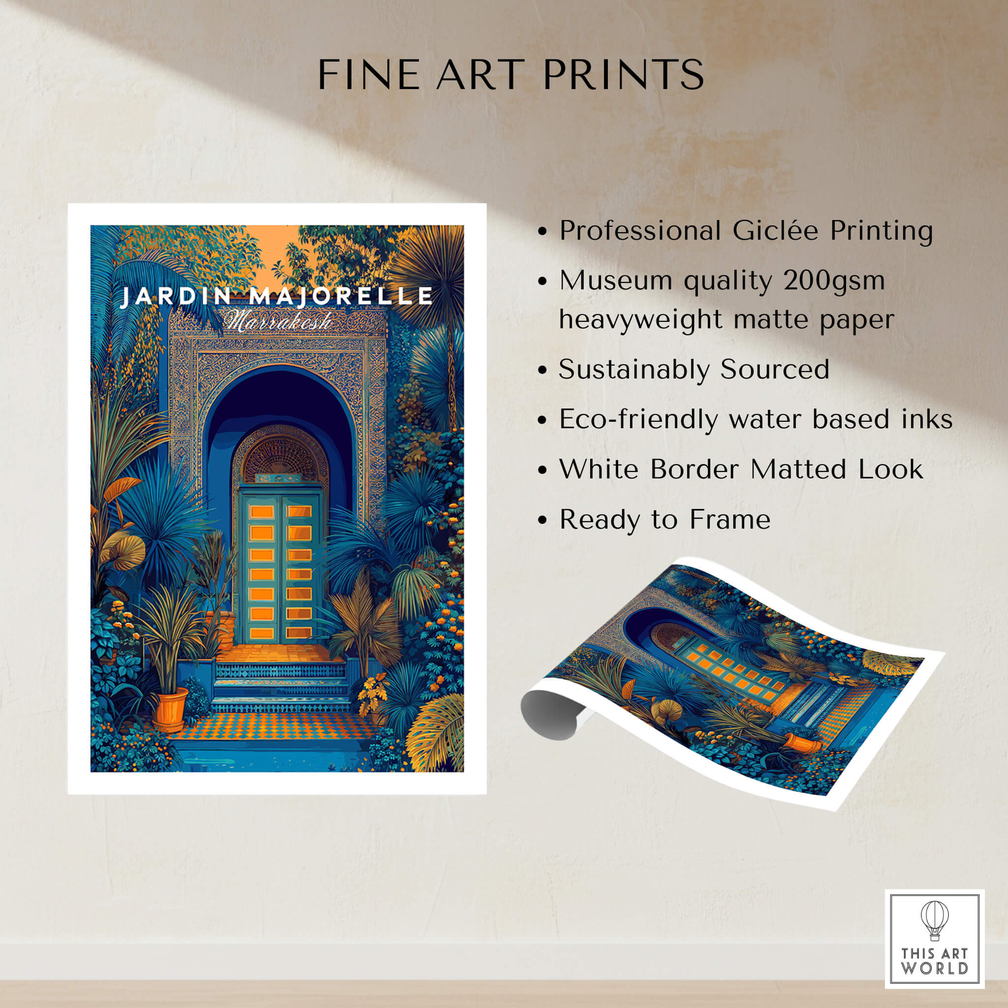 Jardim Majorelle Marrakesh Wall Art Print | Ornate Moroccan Doorway Travel Posters showcased with printing details.