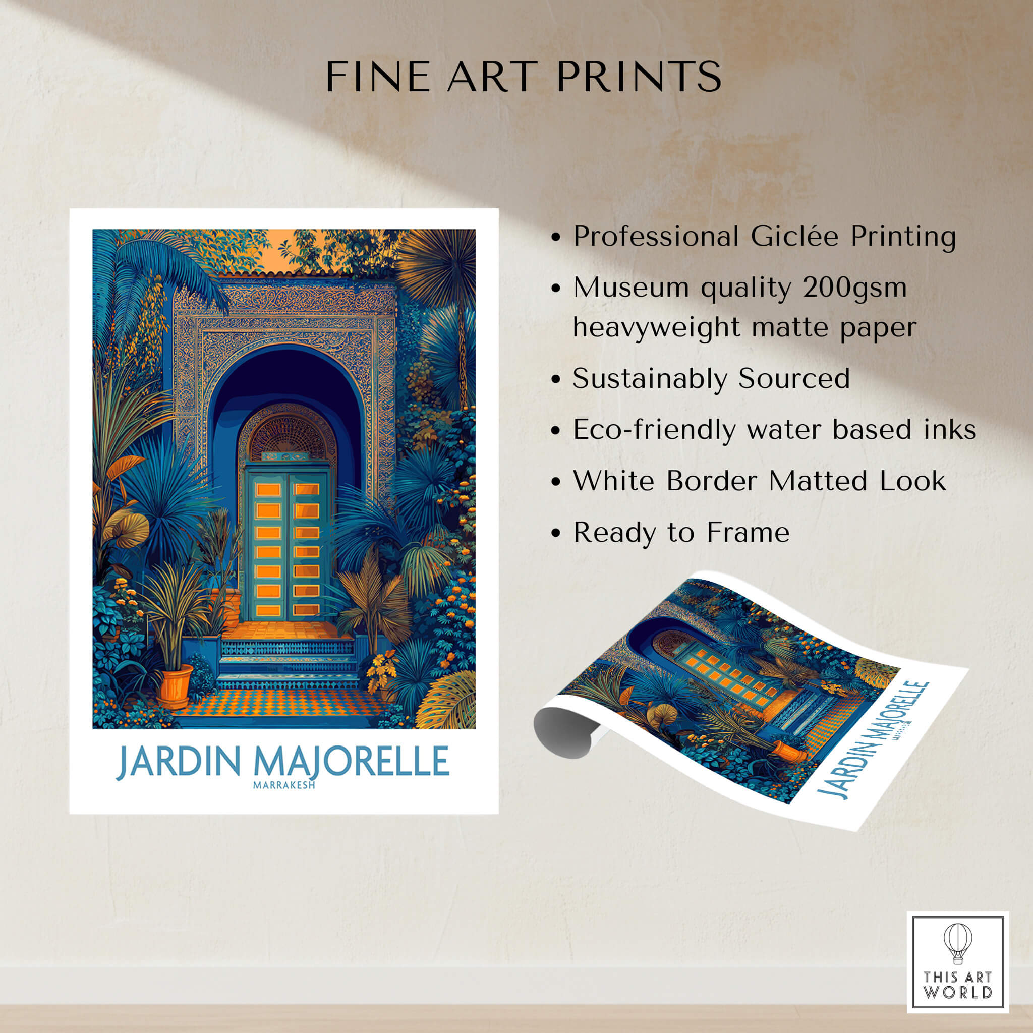 Jardim Majorelle Marrakesh Posters | Detailed Blue Architecture Canvas Print showcasing vibrant Giclée print details.