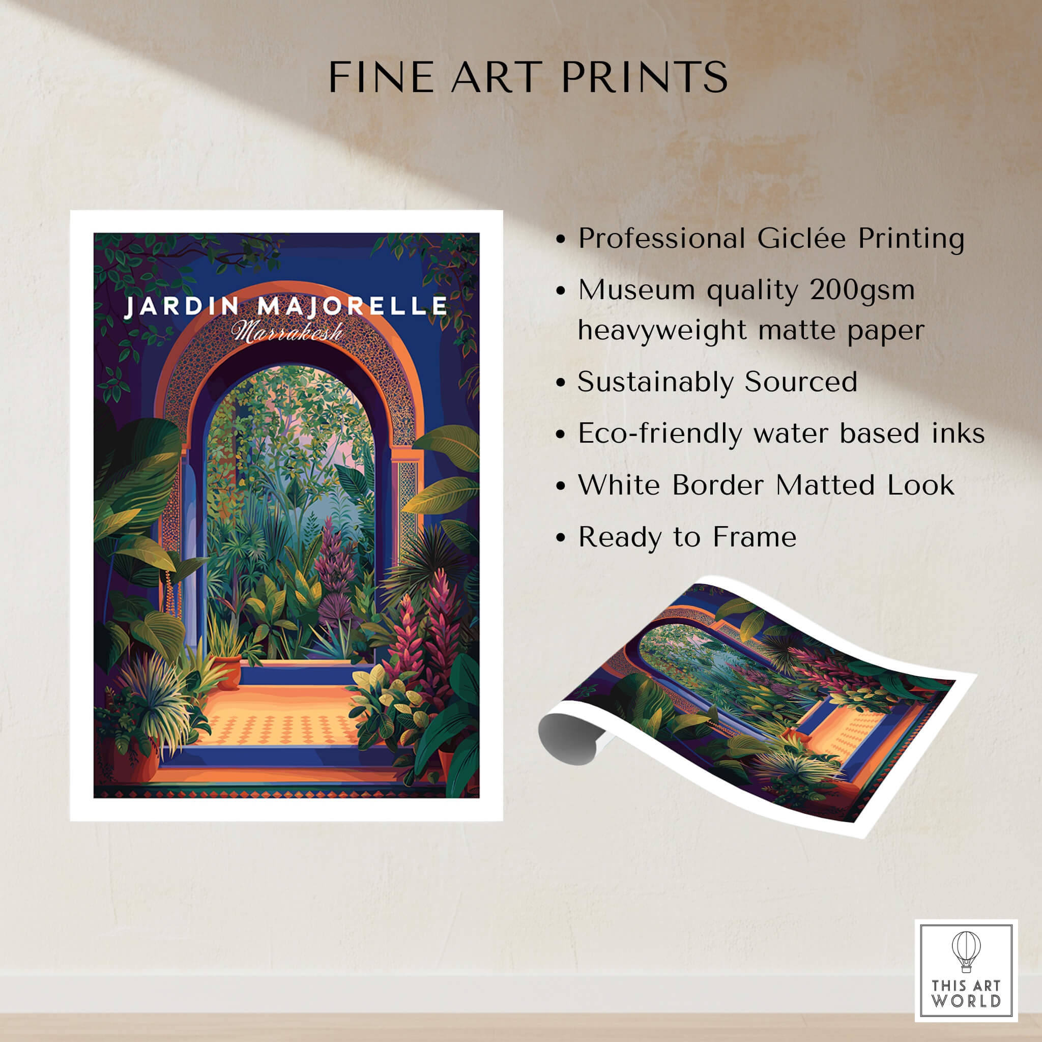 Jardim Majorelle Marrakesh Travel Poster | Lush Tropical Garden Wall Art Print features vibrant greenery and design.