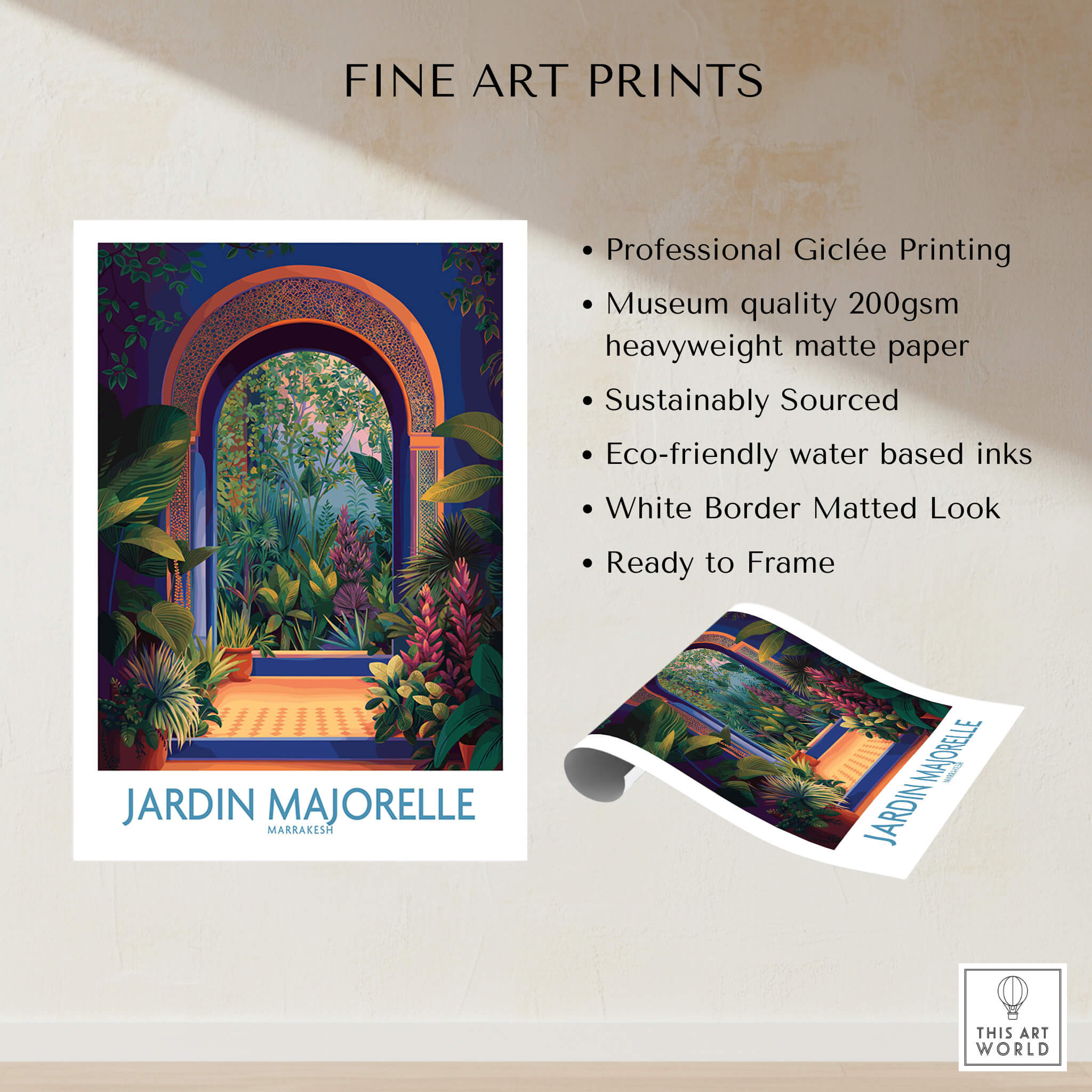 Jardim Majorelle Marrakesh Canvas Print | Colorful Moroccan Landscape Poster featuring professional Giclée printing.