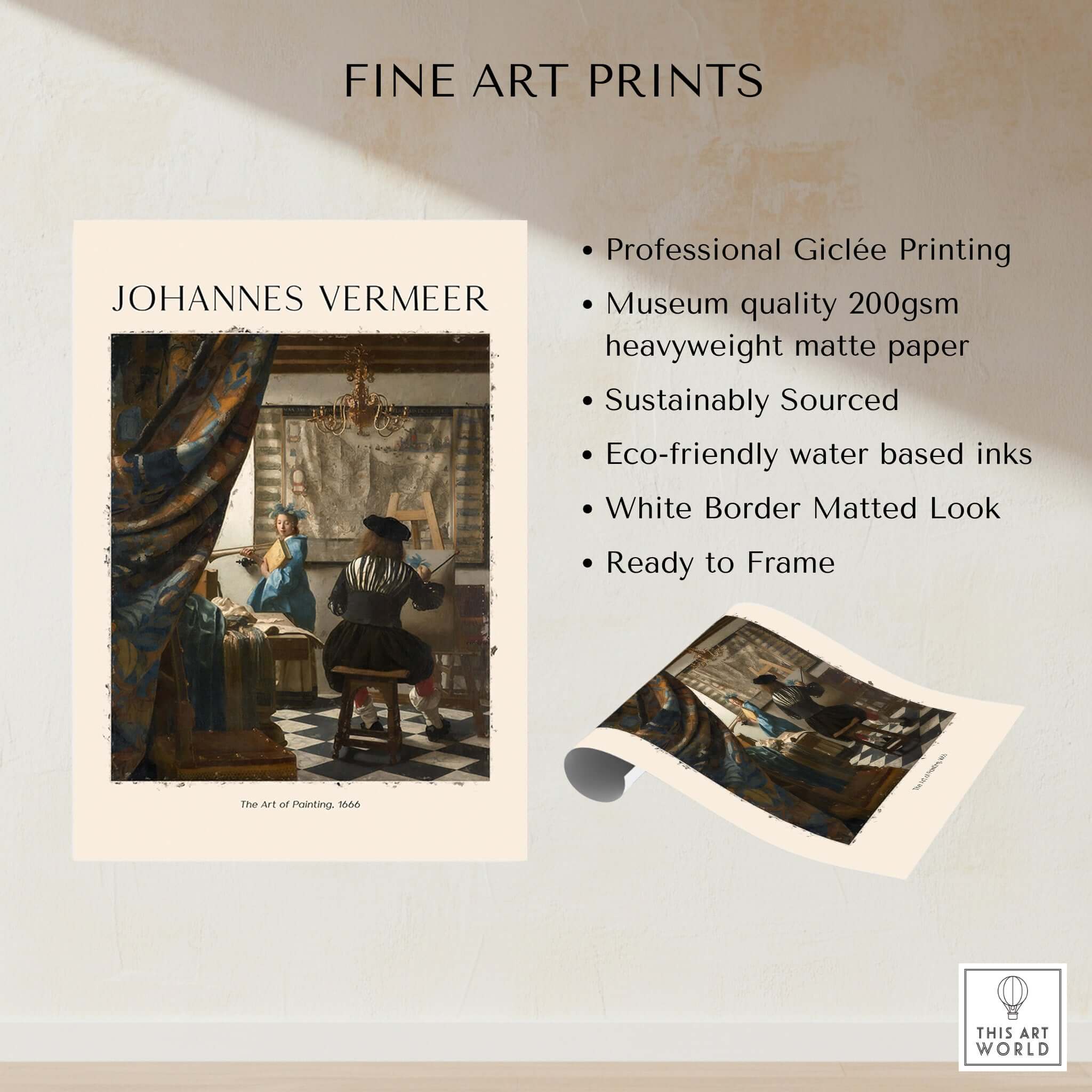 Johannes Vermeer The Art of Painting 1666 Allegory Dutch Masterpiece Art Print, featuring Giclée printing and eco-friendly inks.