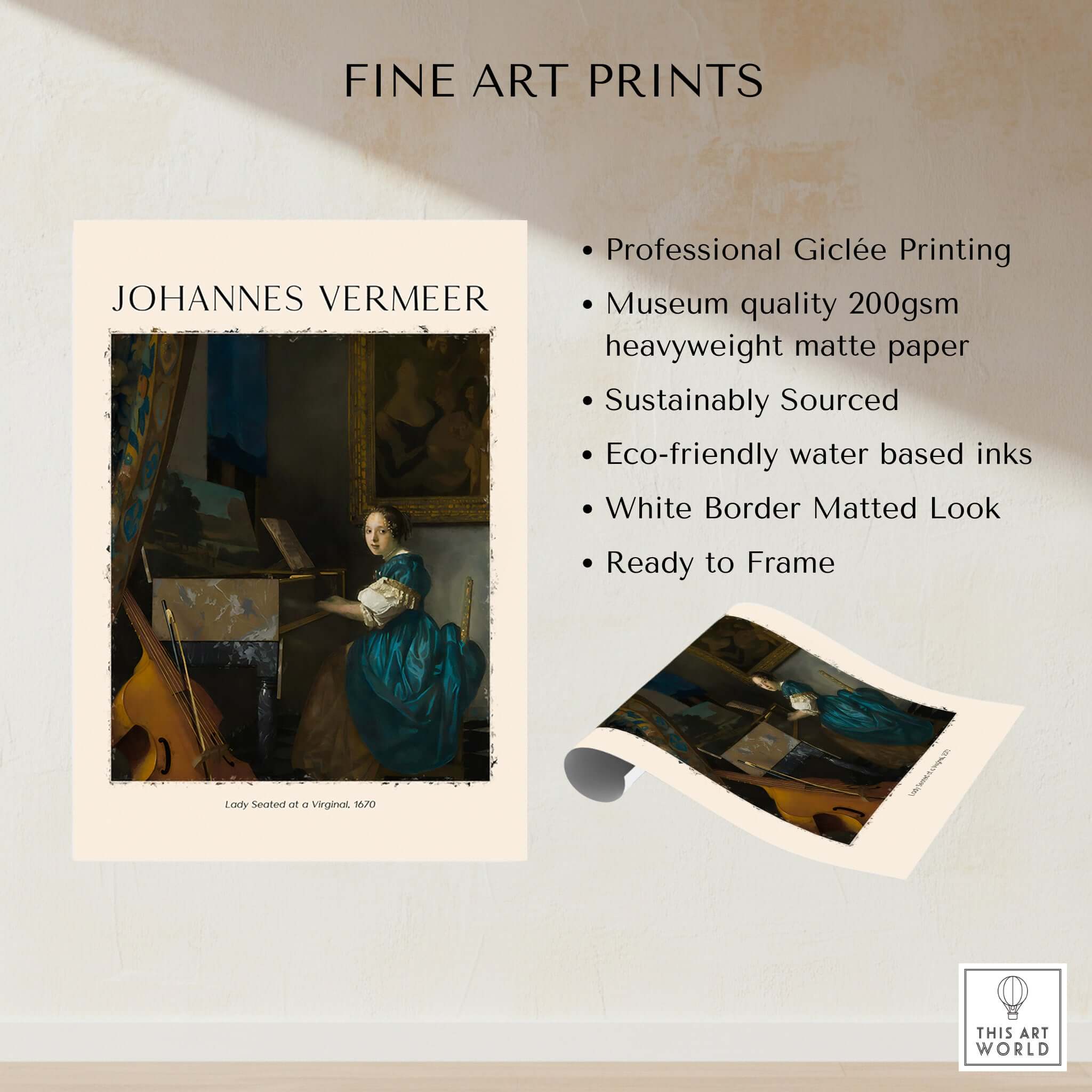 Johannes Vermeer Lady Seated at a Virginal 1670 Dutch Golden Age Art Print displayed with product details.