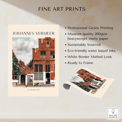 Johannes Vermeer The Little Street 1657 Delft Scene Dutch Golden Age Art Print details with Giclée printing and eco-friendly materials.