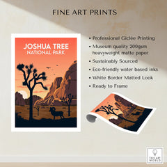 Joshua Tree National Park travel poster art print with desert landscape and sunset.