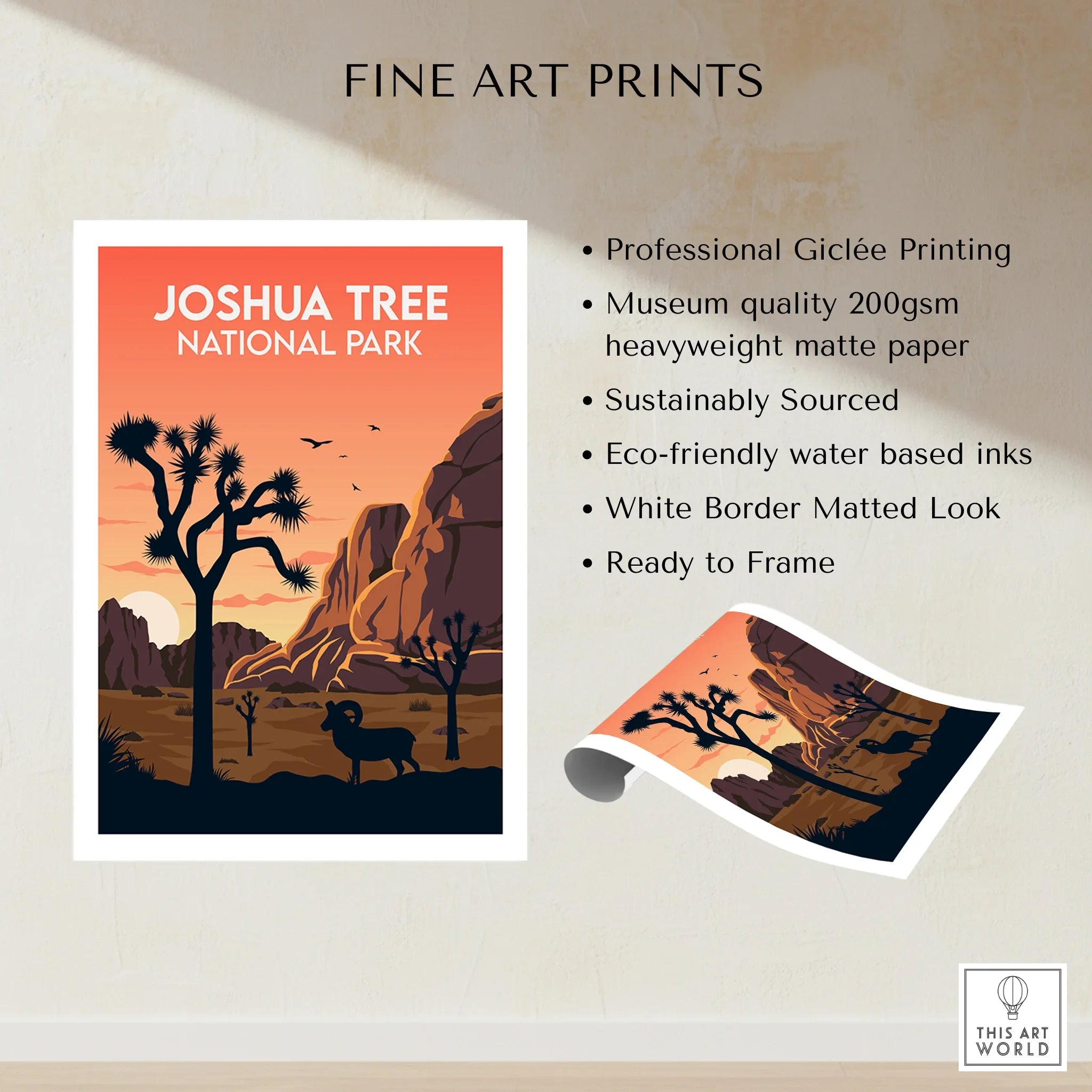 Joshua Tree National Park travel poster art print with desert landscape and sunset.