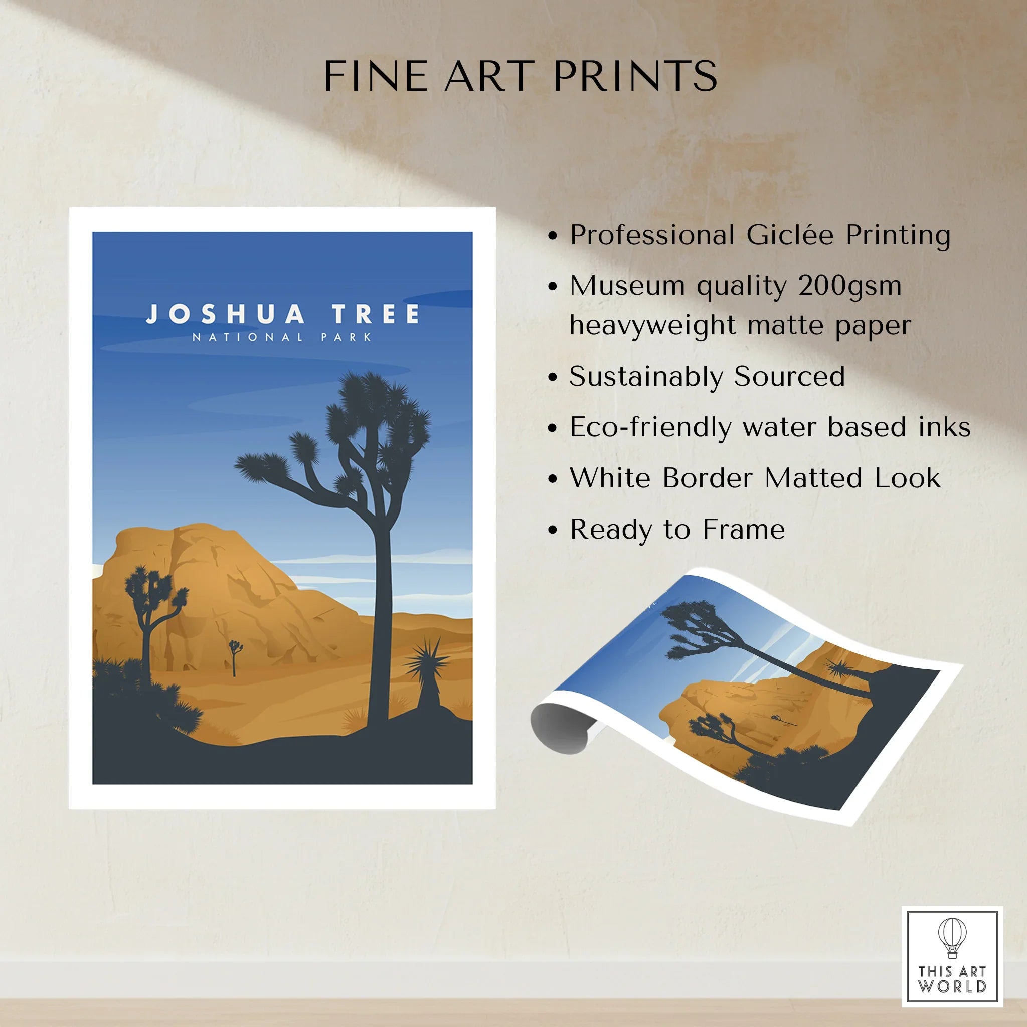 Joshua Tree National Park fine art print with desert landscape and bold blue sky.