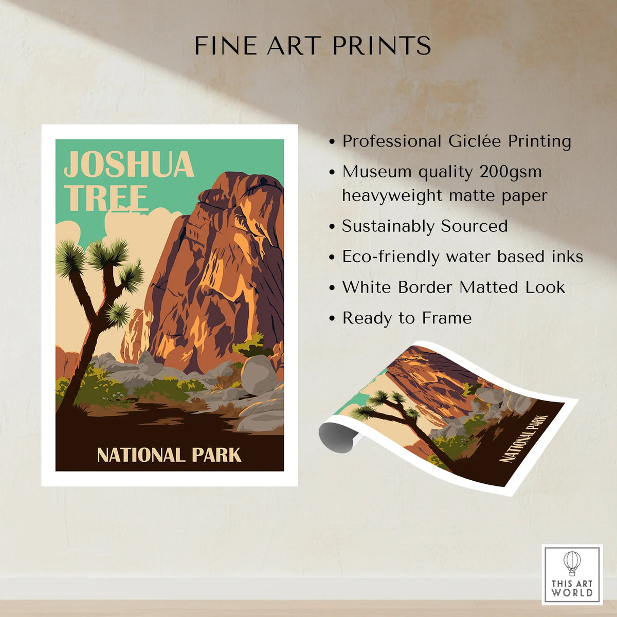 Joshua Tree National Park art print with desert landscape, mountains, and yucca trees