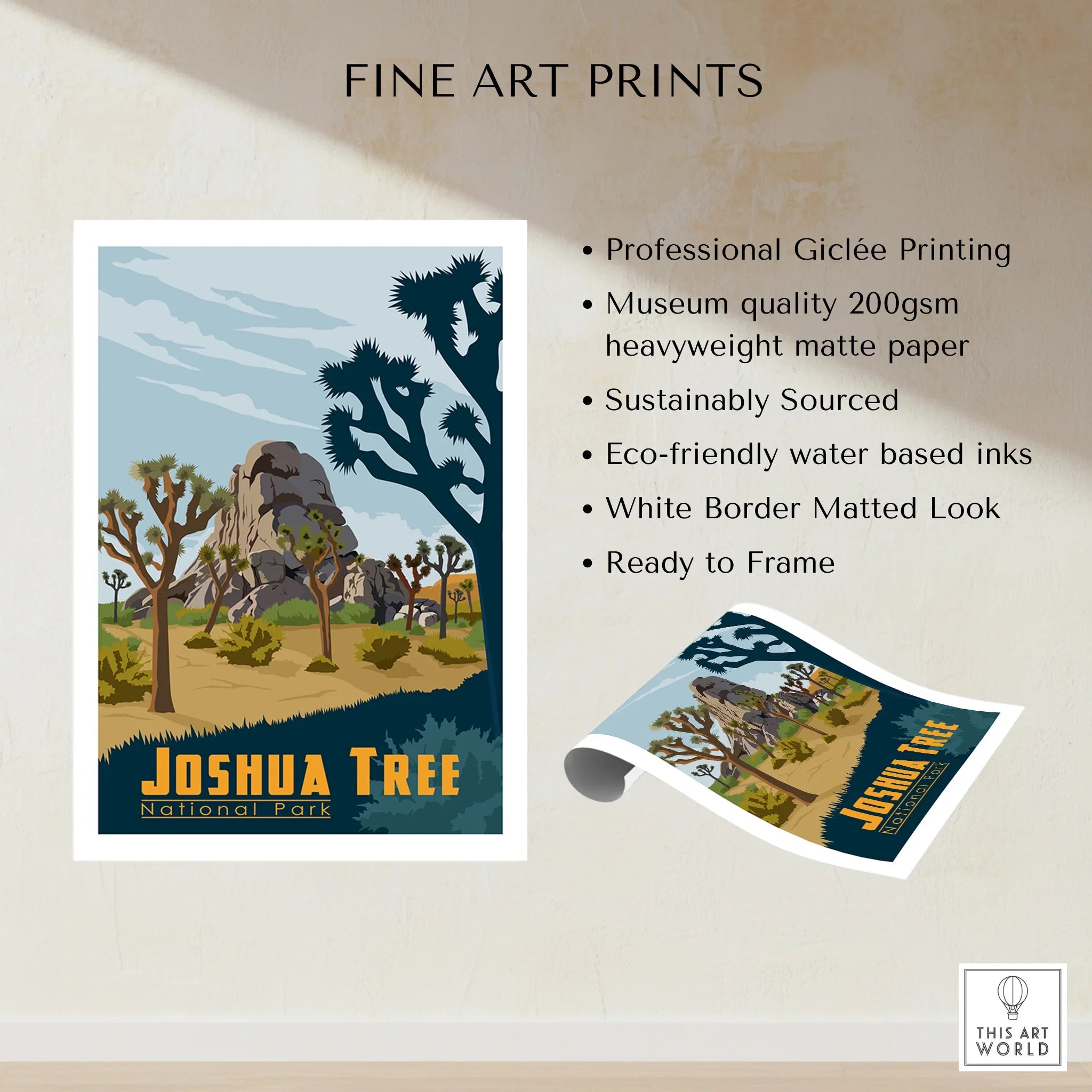 Joshua Tree National Park fine art print with desert landscape and rocky scenery.
