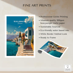 Kalamata Greece Wall Art Print | Mediterranean Seaside Town Travel Poster showcasing vibrant waterfront and golden beaches.