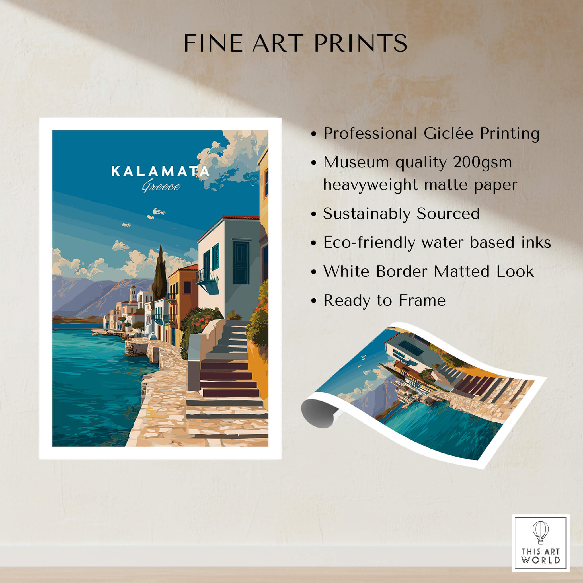 Kalamata Greece Wall Art Print | Mediterranean Seaside Town Travel Poster showcasing vibrant waterfront and golden beaches.