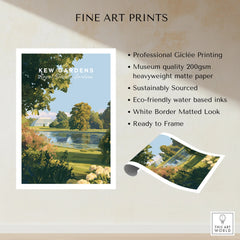Kew Gardens fine art print with lush trees, pond, and white border, unframed wall art.