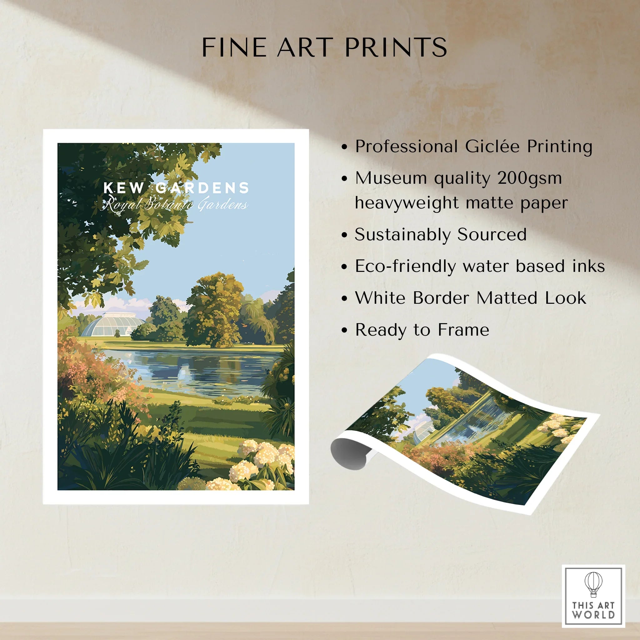 Kew Gardens fine art print with lush trees, pond, and white border, unframed wall art.