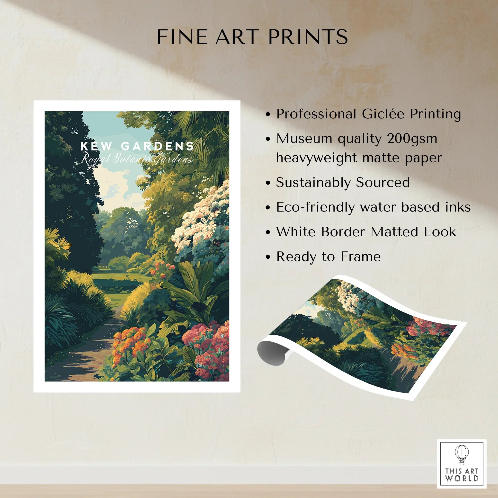 Kew Gardens art print with lush botanical garden scene, unframed fine art poster display