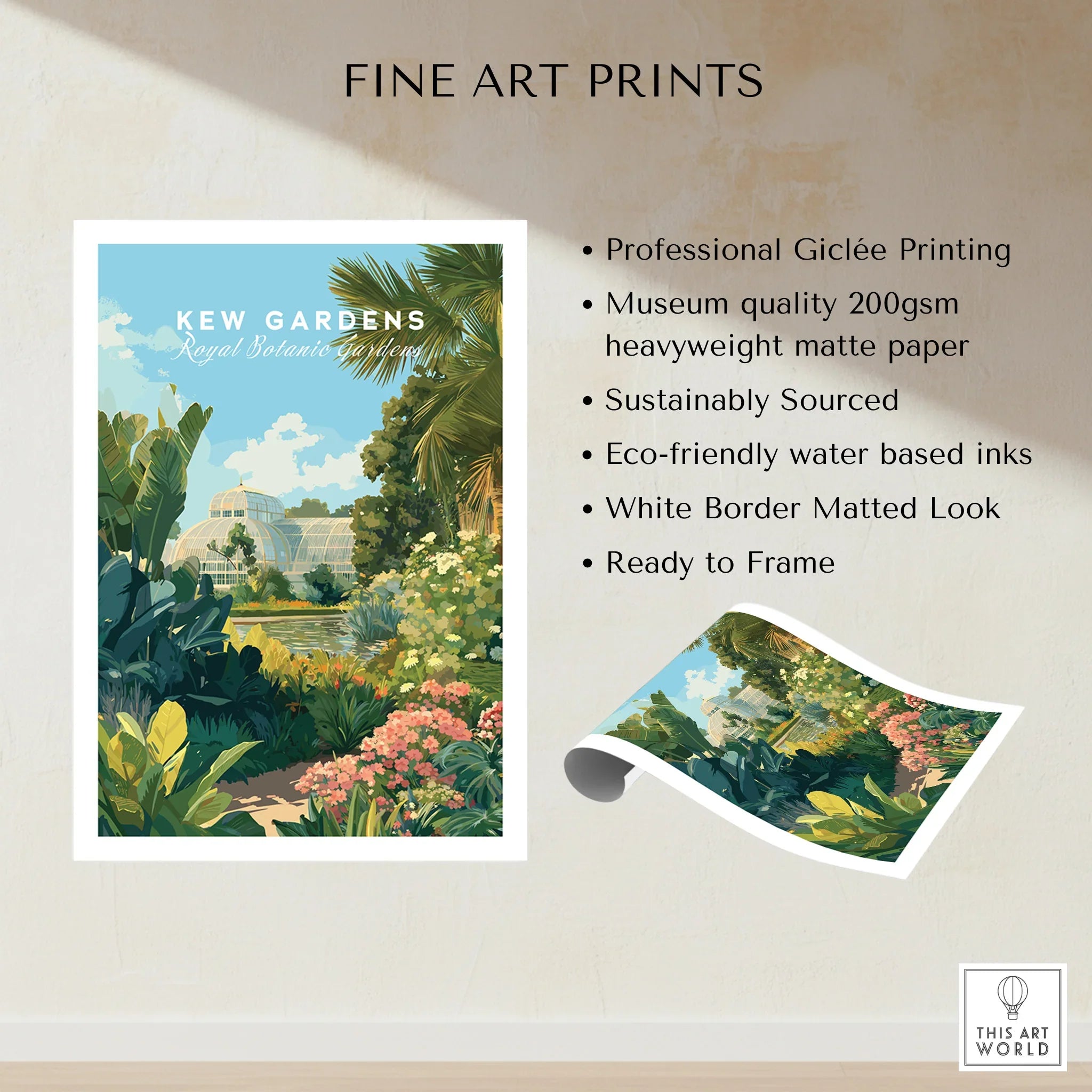 Kew Gardens fine art print with botanical garden illustration, unframed with white border.