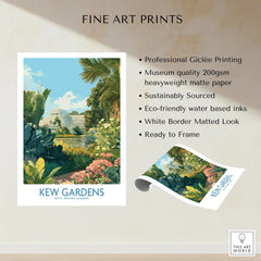 Kew Gardens art print with tropical plants and glasshouse, unframed poster details shown
