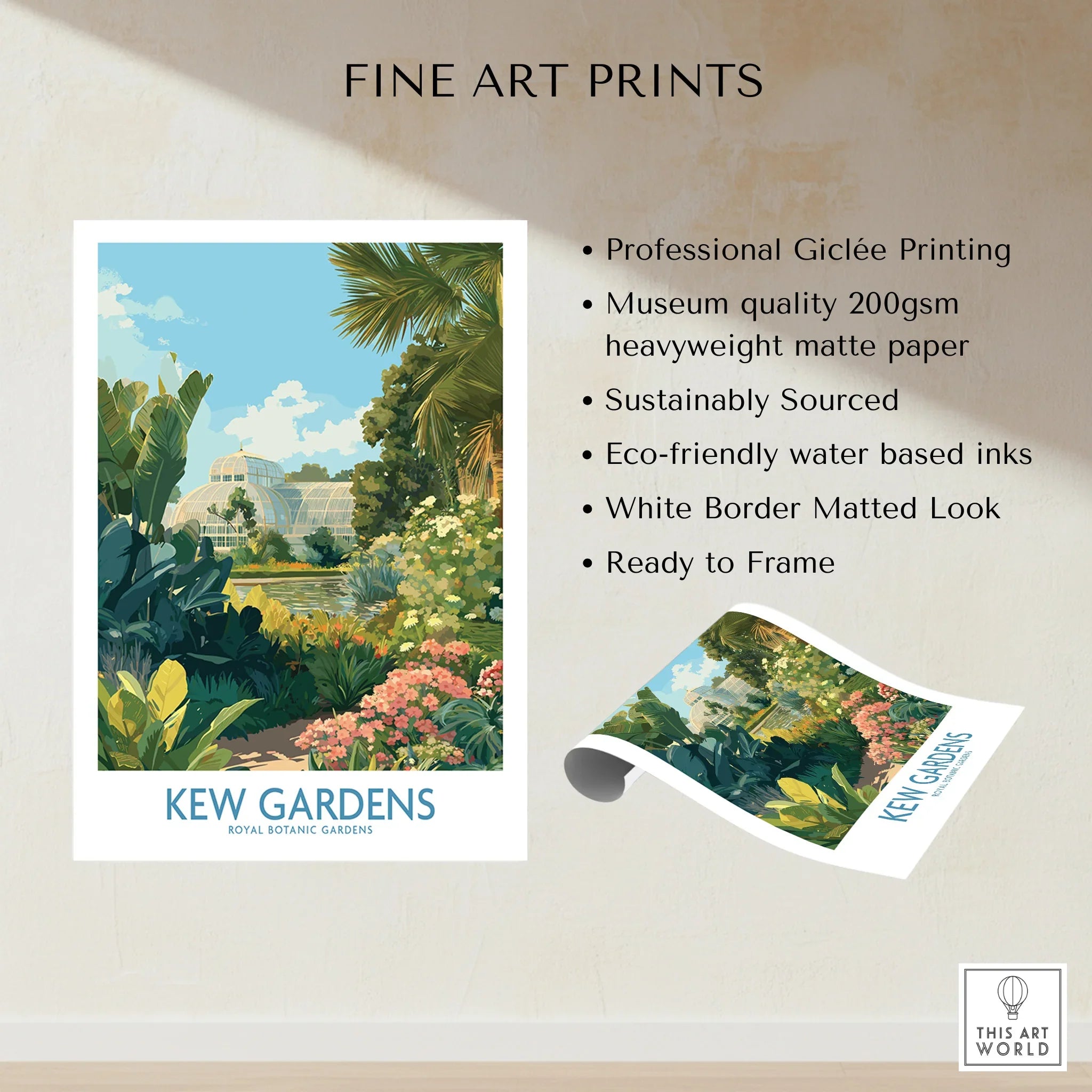Kew Gardens art print with tropical plants and glasshouse, unframed poster details shown