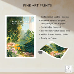 Kew Gardens botanical fine art print with lush greenery and colorful flowers unframed.