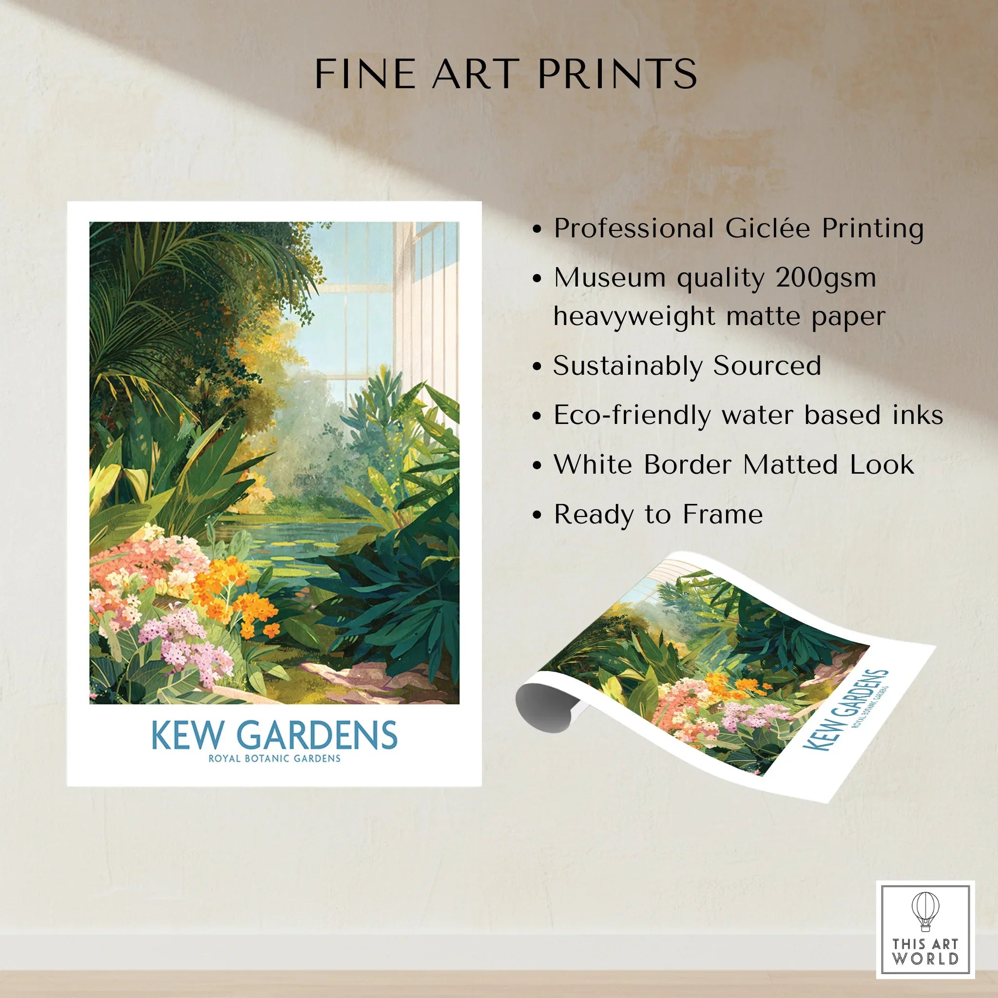Unframed Kew Gardens botanical art print with vibrant foliage and flowers, fine art quality.