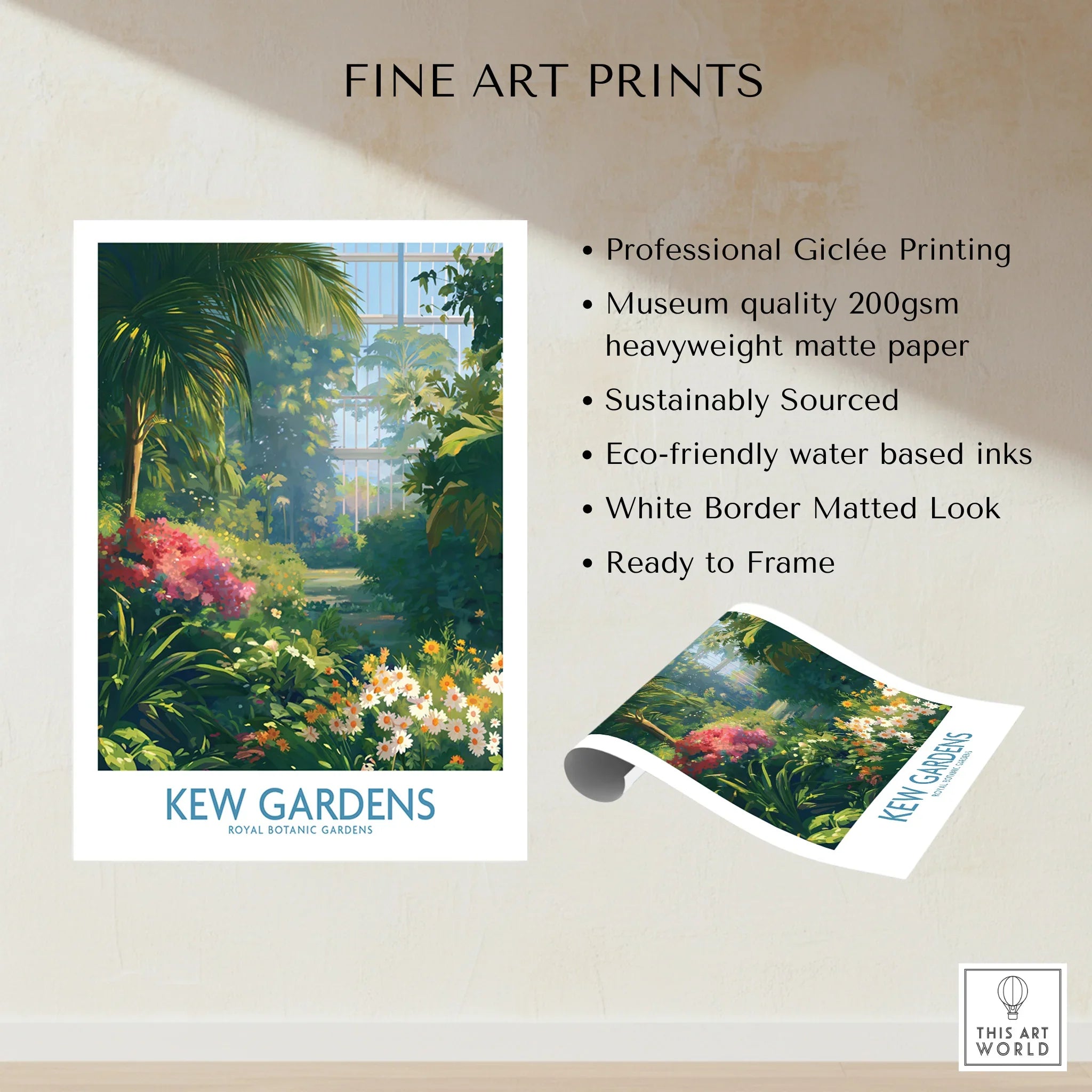 Kew Gardens fine art print with lush botanical flowers, unframed, gallery wall decor.