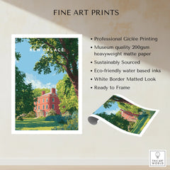 Kew Palace fine art print with red building, trees, blue sky, and white border, unframed wall art