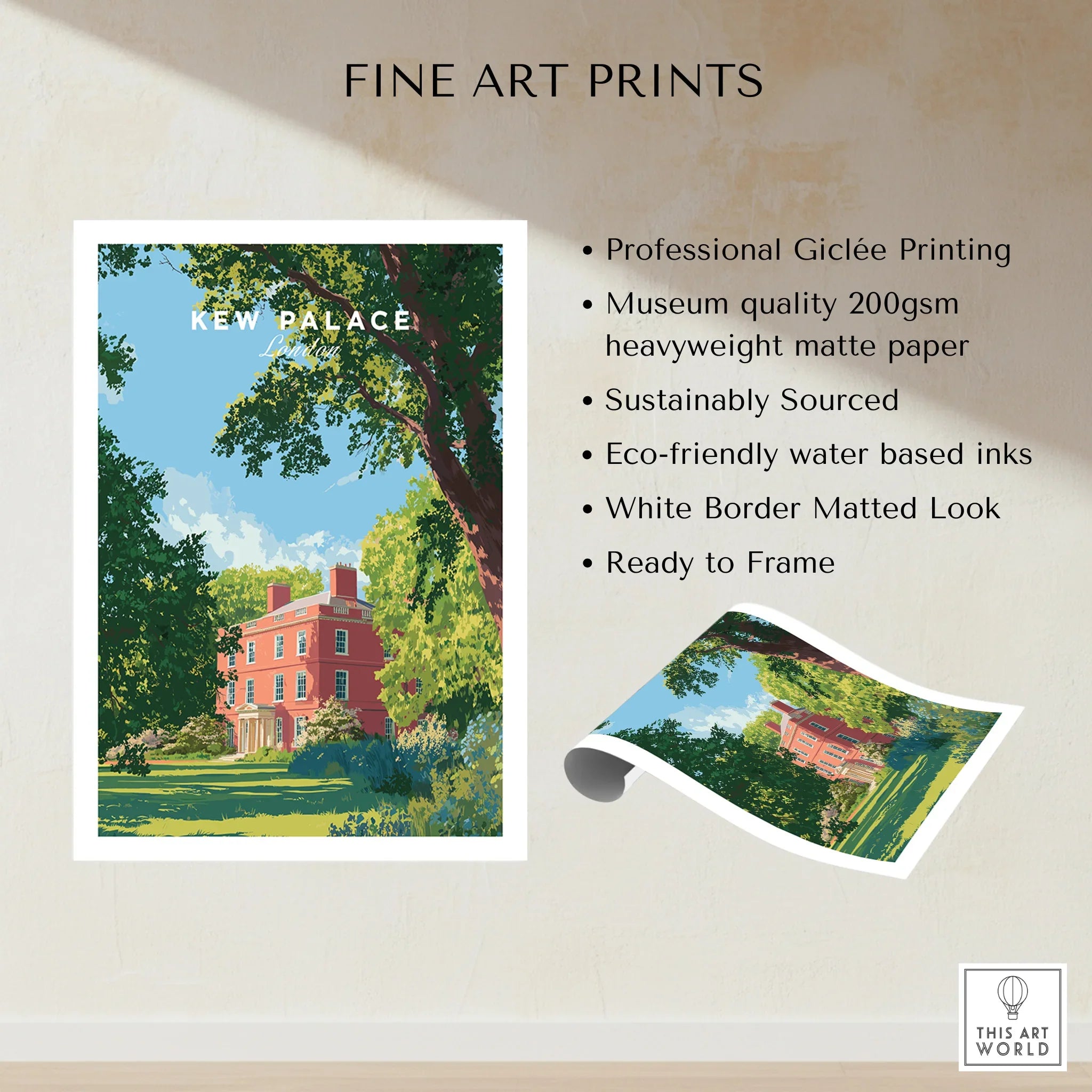 Kew Palace fine art print with red building, trees, blue sky, and white border, unframed wall art