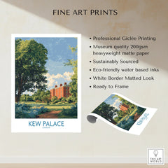 Kew Palace London travel poster fine art print with trees, blue sky, and product details.