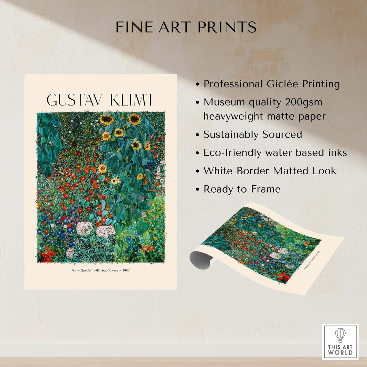 Gustav Klimt Art Print - Farm Garden with Sunflowers 1907 - Art Nouveau Landscape Poster Wall Decor with vibrant flowers.