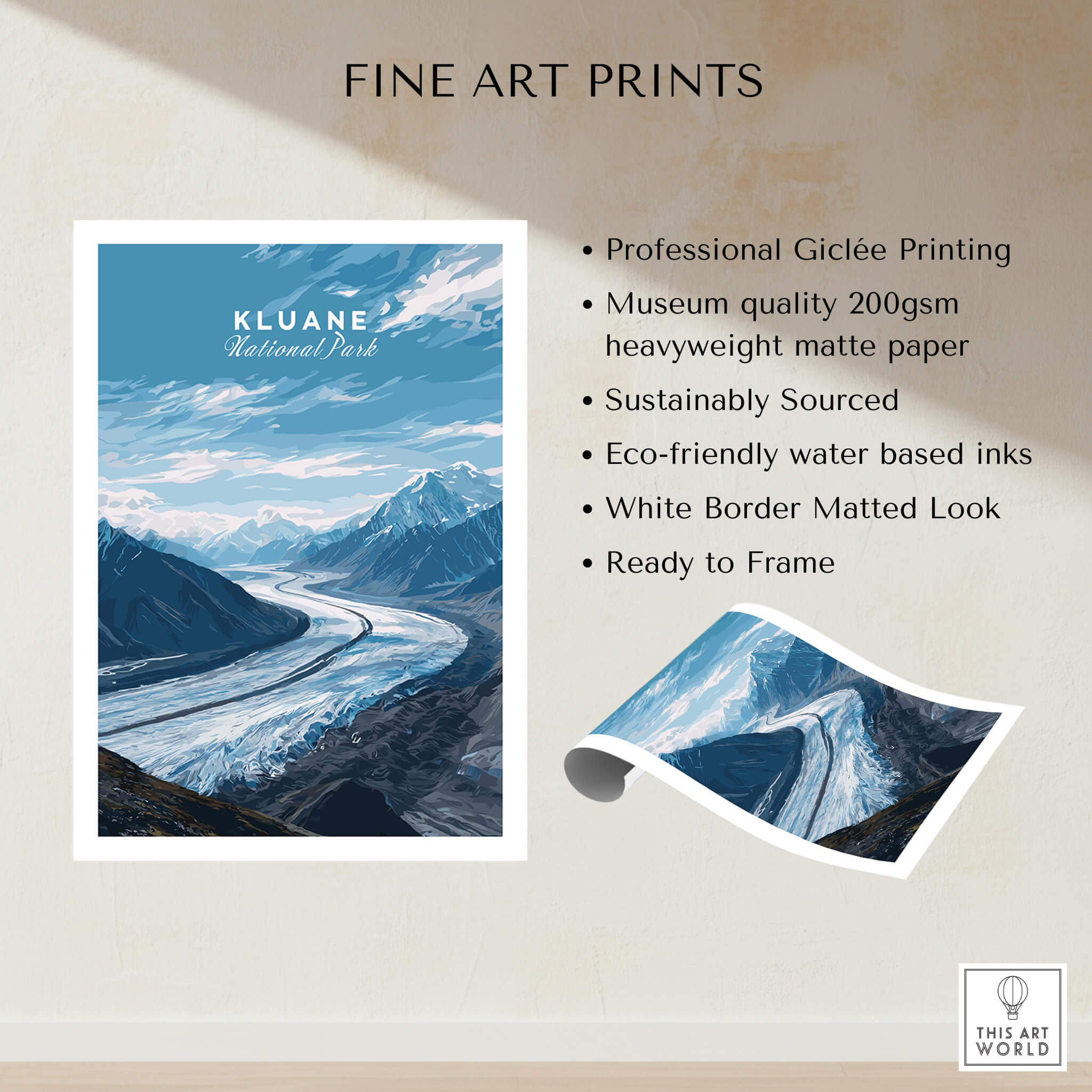 Kluane Wall Art Print National Park Canada | Yukon Glacier Landscape Travel Poster displayed on high-quality matte paper.