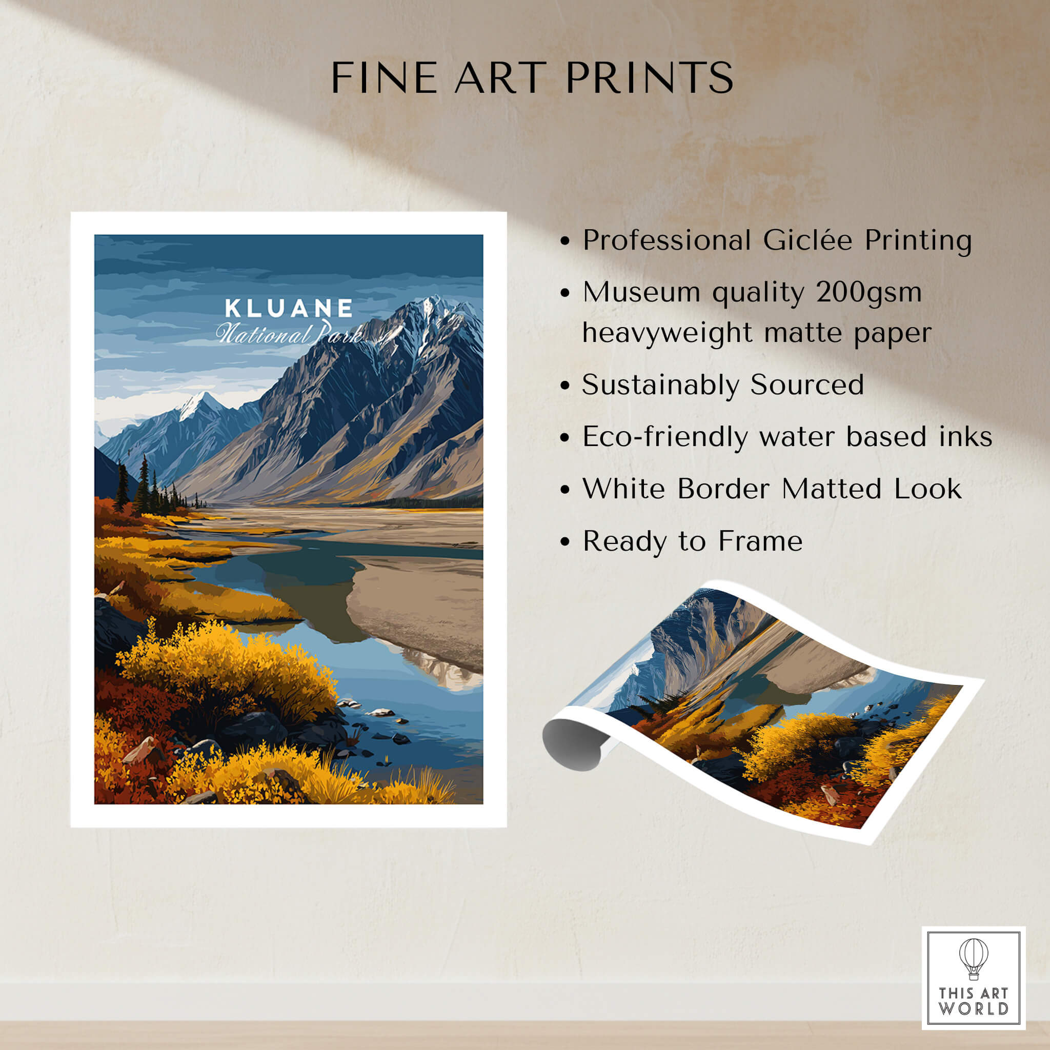 Kluane Travel Poster National Park Canada | Yukon Valley Wall Art Print showcasing scenic mountain landscape and vibrant fall colors.