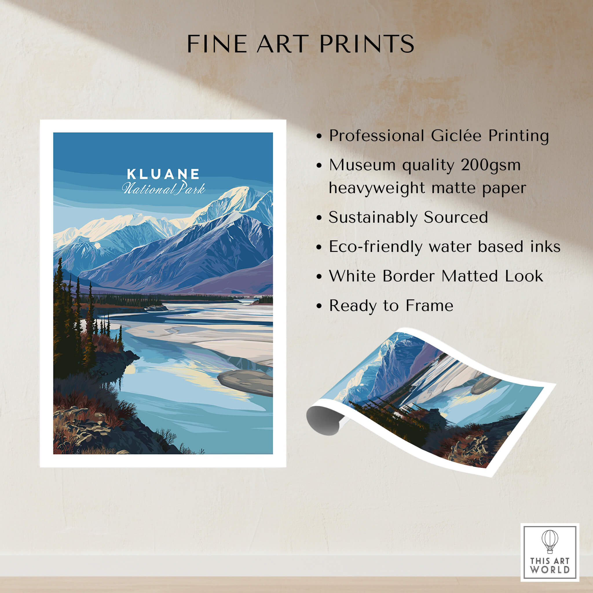 Kluane National Park Canada Wall Art Print | Scenic Yukon River Travel Poster showcasing professional Giclée printing on matte paper.