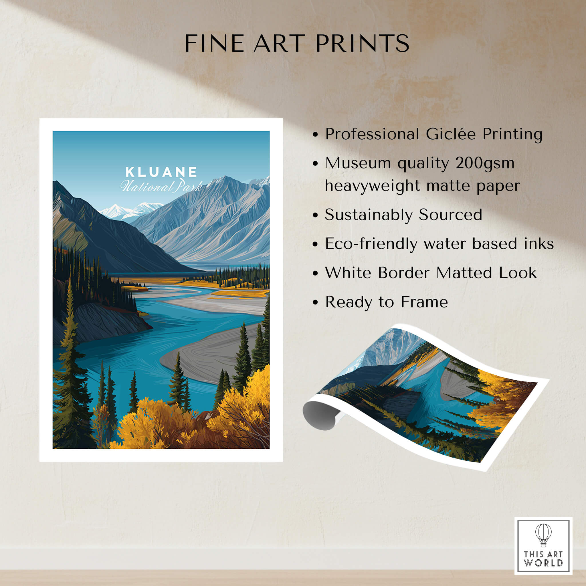 Kluane National Park Canada Travel Poster | Wild Yukon River Path Wall Art Print showcasing stunning mountain landscape and river.