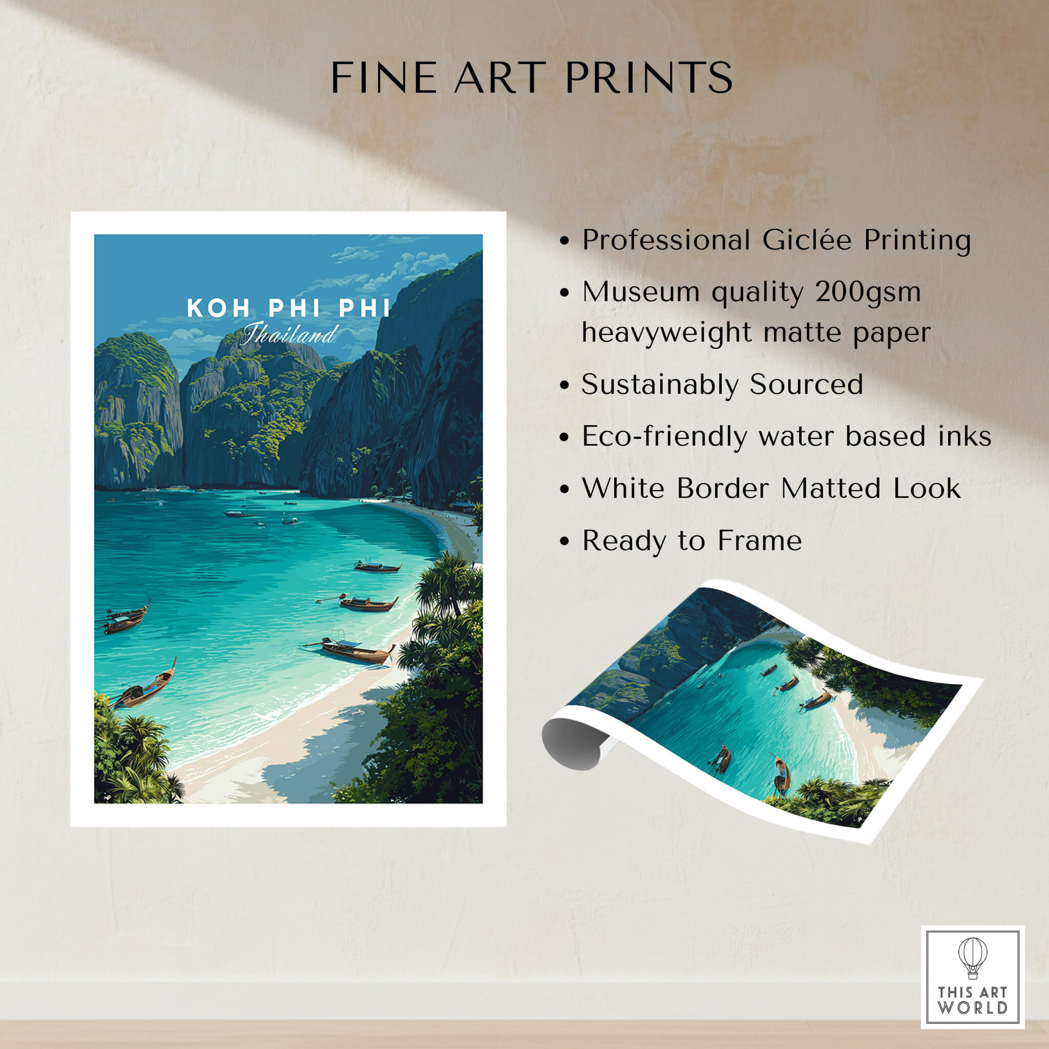 Koh Phi Phi Thailand Travel Poster | Maya Bay Tropical Beach Wall Art Print showcasing stunning tropical scenery.