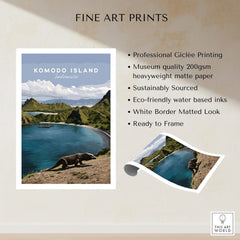 Komodo Island Indonesia travel poster print, featuring Komodo dragon, scenic bay, and mountains.