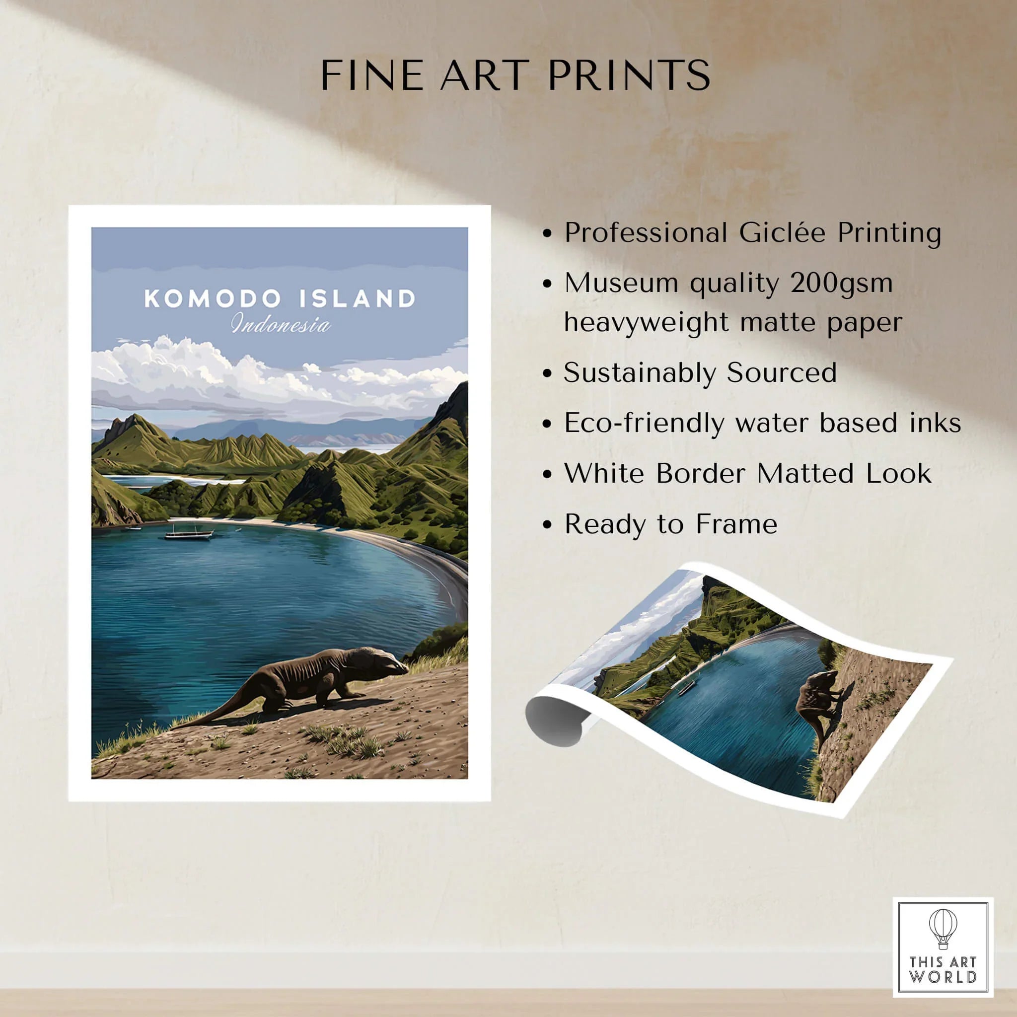 Komodo Island Indonesia travel poster print, featuring Komodo dragon, scenic bay, and mountains.