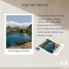 Komodo Island art print featuring coastal landscape with Komodo dragon and blue water