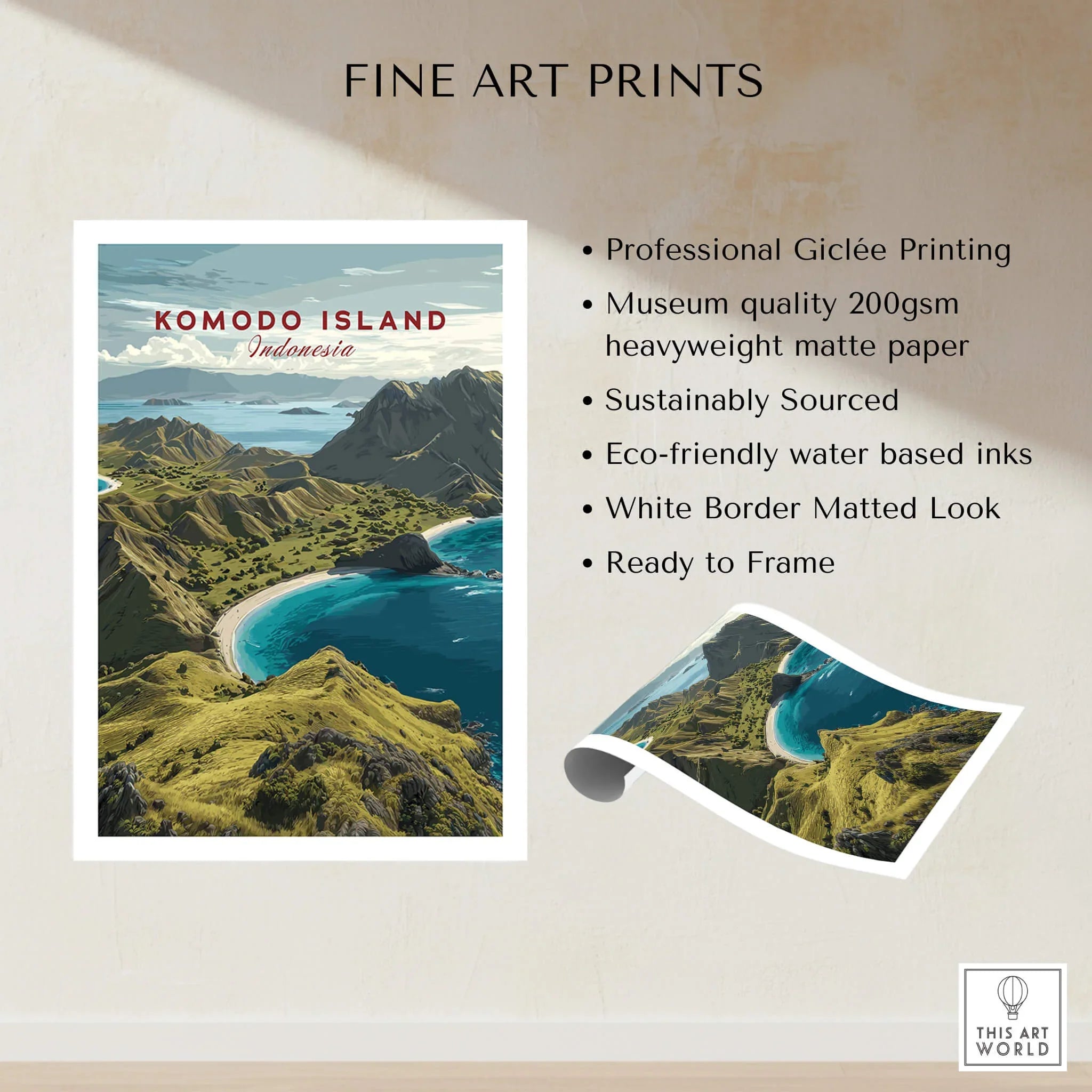 Komodo Island Indonesia fine art print poster with coastal landscape, unframed, museum quality