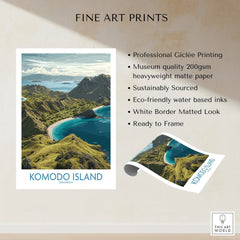 Komodo Island art print featuring scenic coastline, blue ocean, and lush green hills with premium paper details.