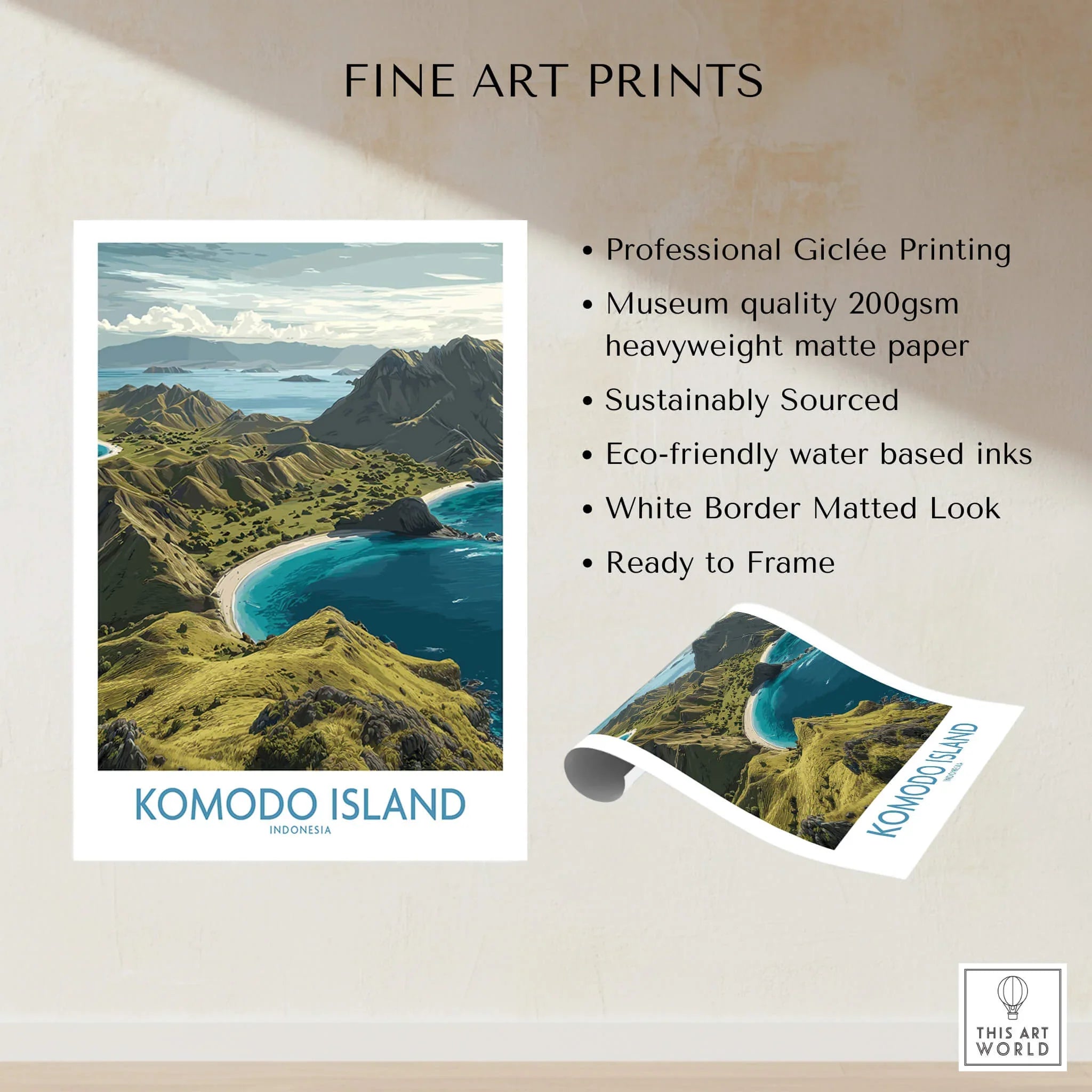 Komodo Island art print featuring scenic coastline, blue ocean, and lush green hills with premium paper details.