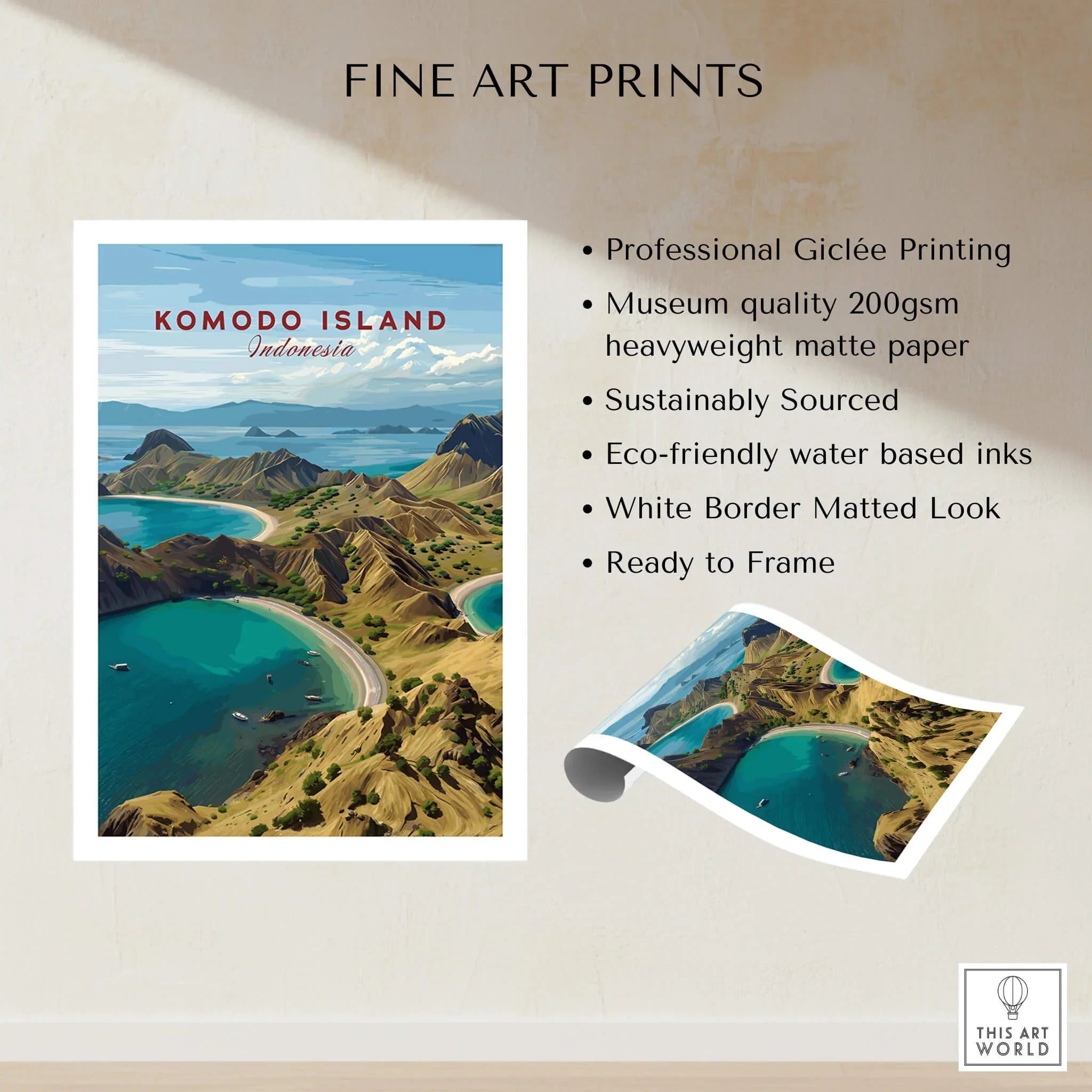 Komodo Island Indonesia travel poster art print unframed, vibrant coastal landscape details