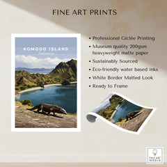 Komodo Island Indonesia travel poster print with Komodo dragon, coastal landscape, and mountains.