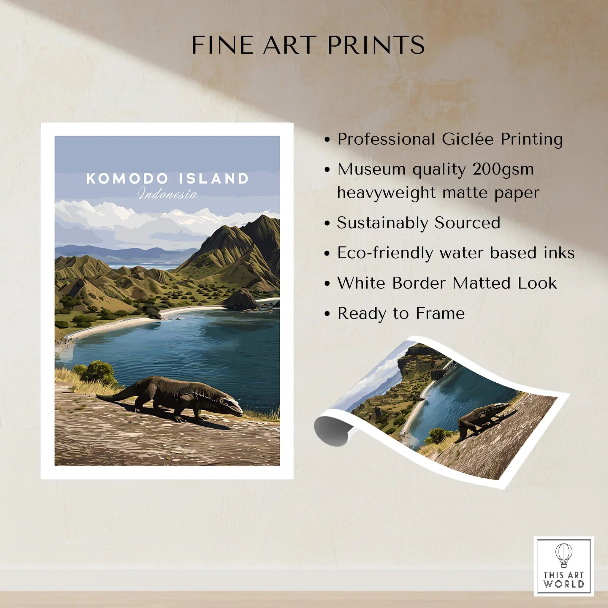 Komodo Island Indonesia travel poster print with Komodo dragon, coastal landscape, and mountains.