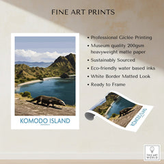 Komodo Island fine art print with Komodo dragon, scenic landscape, and quality print details