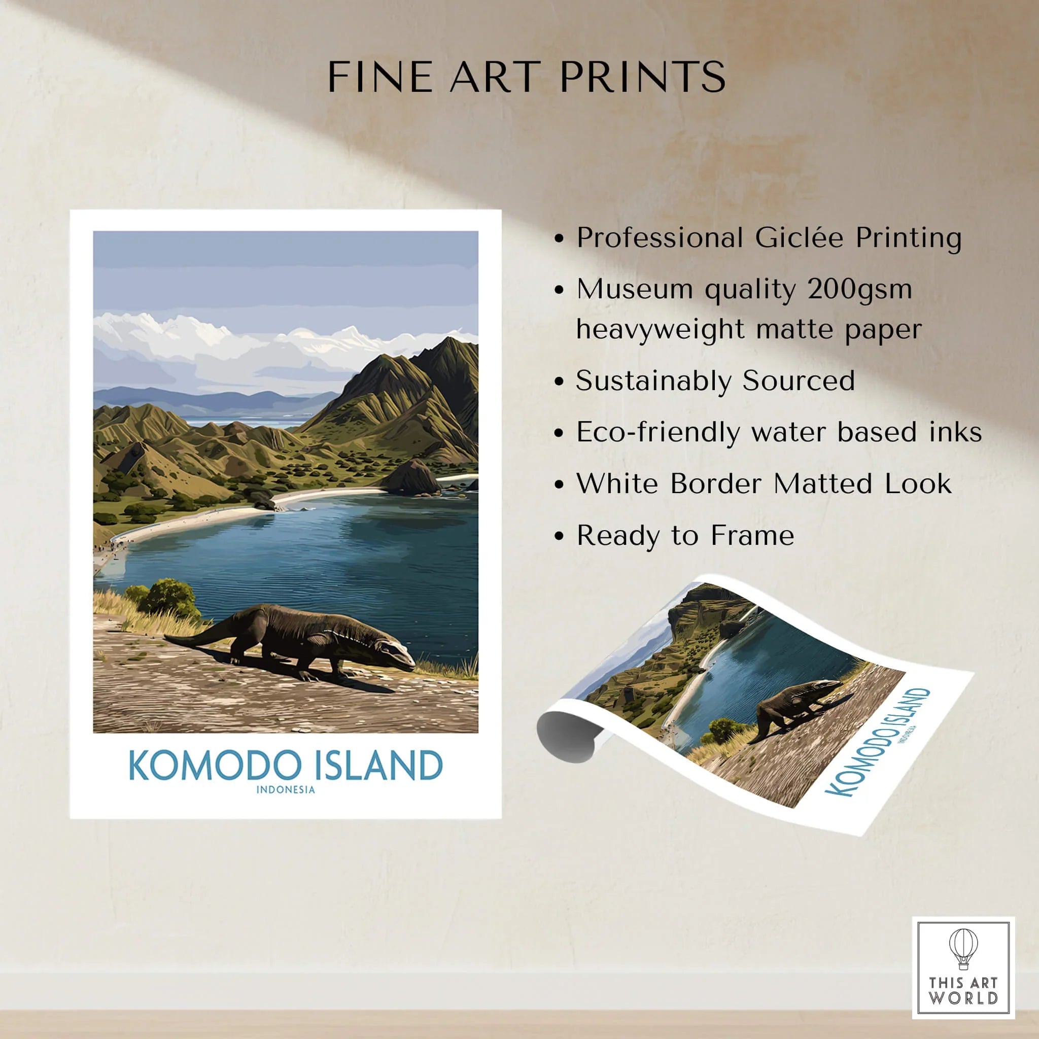 Komodo Island fine art print with Komodo dragon, scenic landscape, and quality print details