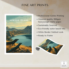 Komodo Island fine art print with komodo dragons, mountains, and lake, unframed wall art