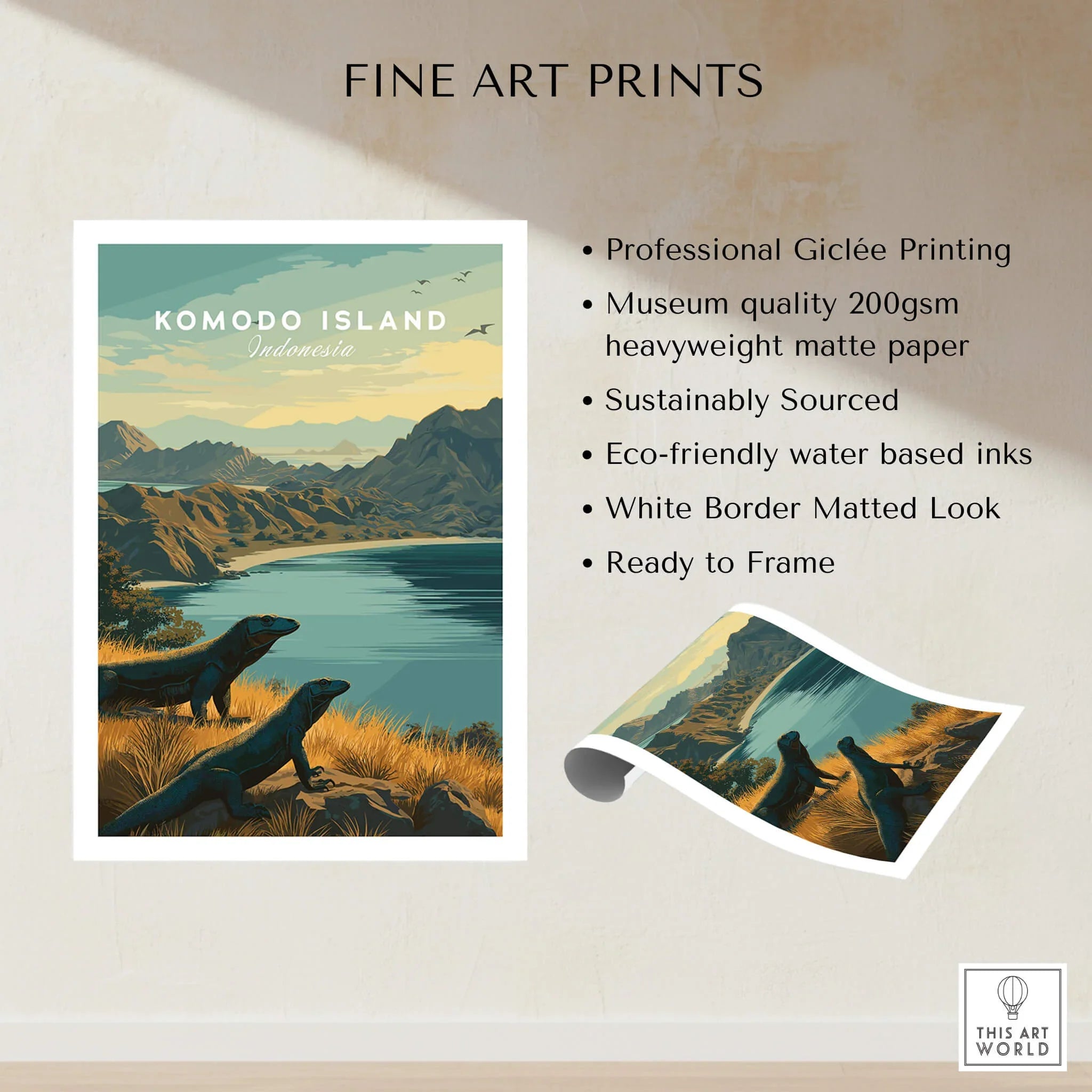 Komodo Island fine art print with komodo dragons, mountains, and lake, unframed wall art